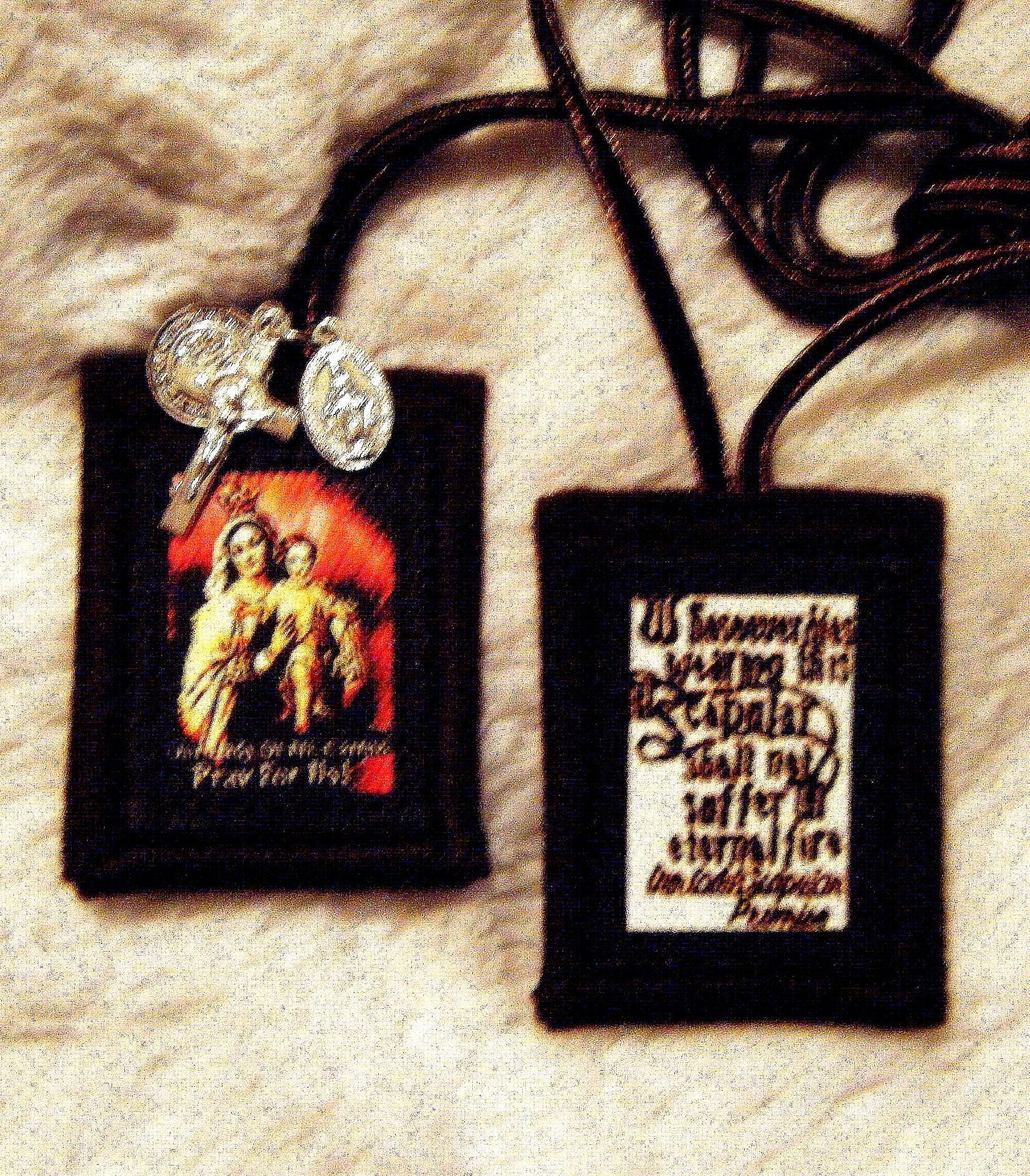 Colorful Our Lady of Mt Carmel Brown Scapular 100% Wool Handmade with Scapular Promise