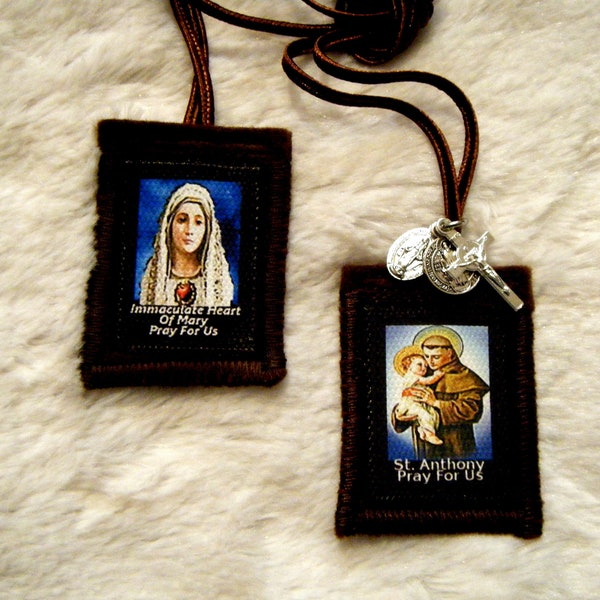 St Anthony and Immaculate Heart of Mary Brown Scapular 100% Wool Handmade in USA