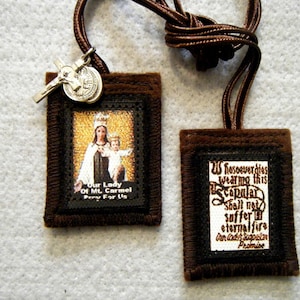 Gold Our Lady Of Mt. Carmel Scapular Promise Brown Scapular 100%Wool Handmade in USA