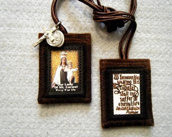 Our Lady of Mt Carmel Brown Scapular 100% Wool Handmade in USA