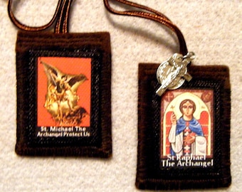 Scapolare marrone di San Raffaele Arcangelo e San Michele Arcangelo 100% lana fatto a mano