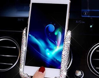 Bling Car Phone Holder White Car Air Vent Automatic Phone Mount PU Leather Adjustable Crystal Universal Rhinestone Auto Car Stand Phone Holder Cute Car Accessories Bling Car Phone Holder White Car Air Vent Automatic Phone Mount PU Leather Adjustable Crystal Universal Rhinestone Auto Car Stand Phone Holder Cute Car Accessories