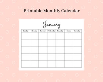 Printable Monthly Calendar, Digital Calendar, Blank Calendar PDF, Grayscale, Black and White
