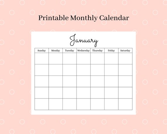 Printable Monthly Calendar Digital Calendar Blank Calendar - Etsy