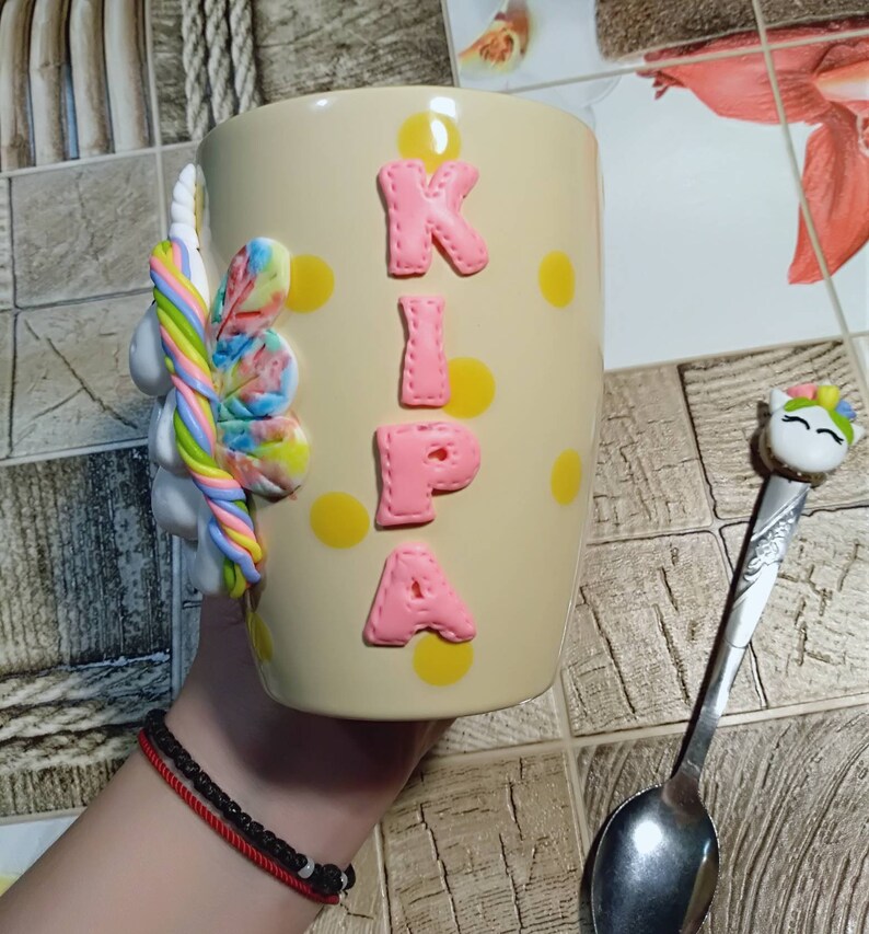 Cup with polymer clay decor. Handmade Etsy