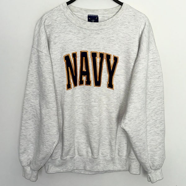 Vintage 80s 90s US NAVY Pullover Sweatshirt Stitched Letters Made in USA Large Gray