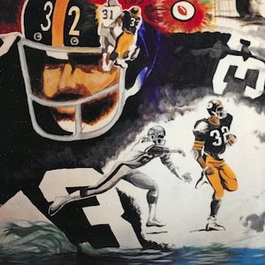 May include: A black and white painting of a football game. The painting features three football players in action, with one player in the foreground wearing a black and yellow uniform with the number 32. The other two players are in the background, one wearing a black and white uniform and the other wearing a black and yellow uniform. The painting is set against a background of smoke and clouds.