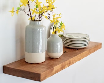 Solid Cherry Wood Floating Shelf: Heavy Duty Kitchen or Bathroom Shelving