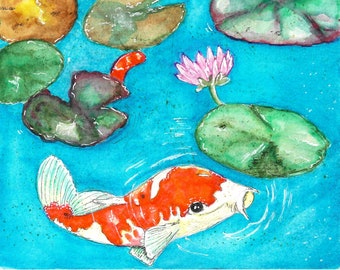 Koi Pond Illustration Cartoon Abstract Mixed Media Giclee Art Print