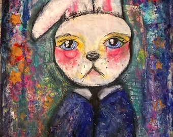 Abstract Bunny Art Original Mixed Media Canvas 11”x14”