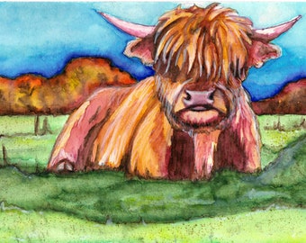 Highland Cow Illustration Cartoon Abstract Mixed Media Giclee Art Print