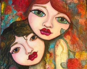 Sisters Mixed Media Collage Watercolor Giclee Print