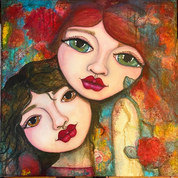 Sisters Mixed Media Collage Watercolor Giclee Print