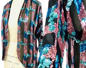 Marshall Rousso Vintage Sheer Sequin Jacket / Lightweight / Glam / Pink Teal Blue / Sz Medium