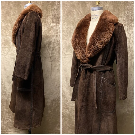 60s 70s Brown Suede Fur Lined Oversized Collar Du… - image 5