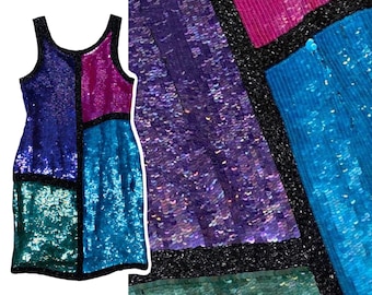 Vintage Color Block 90s Sequin Silk Dress / Party / Cocktail / Prom / Bust 33&quot; / Size S/M