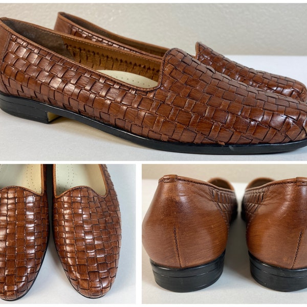6.5N Vintage 80s 90s Trotters // Brown Basket Weave Leather // Slip-on Flats // Hipster Geek Chic // 1980s