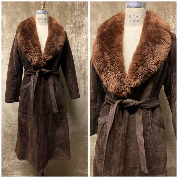 60s 70s Brown Suede Fur Lined Oversized Collar Du… - image 1