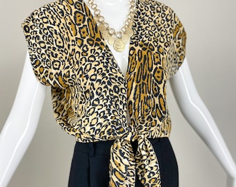 Vintage 90s Leopard Print Tie Front Shirt / Sleeveless / Summer / Cheetah / Rock n Roll / Fits like S