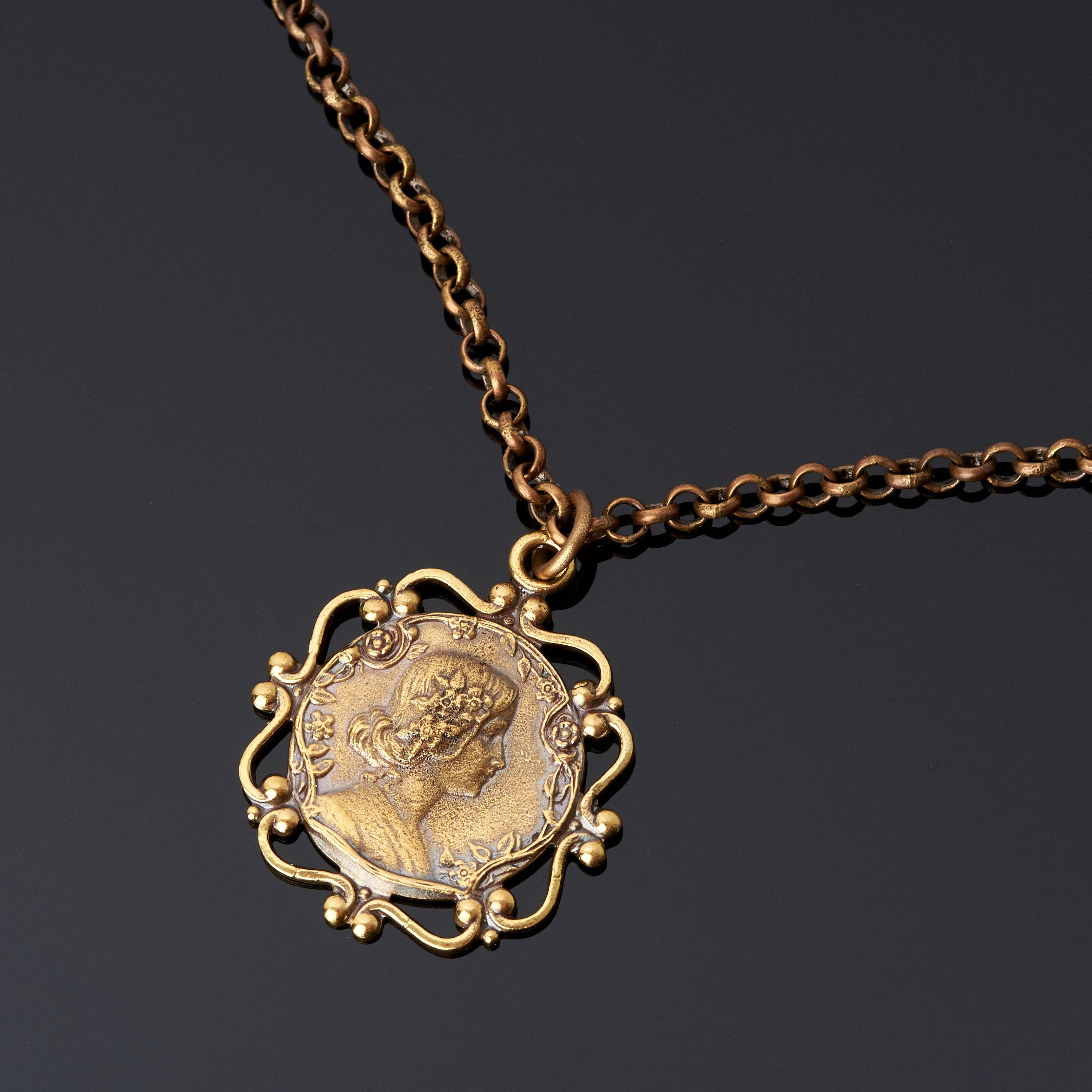 Gold cameo necklace Victorian style pendant solid brass Etsy