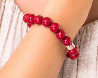 Red Bracelet, Handmade Elasticated, Acai Berry Seeds Bracelet, Silver Detail