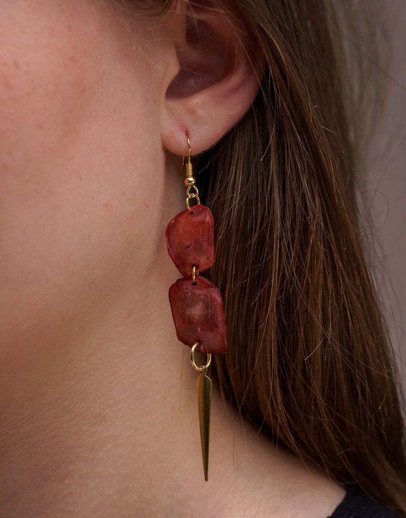 Fish Scale Earrings, Recycled Material, Natural Organic Material, Long Earrings Red