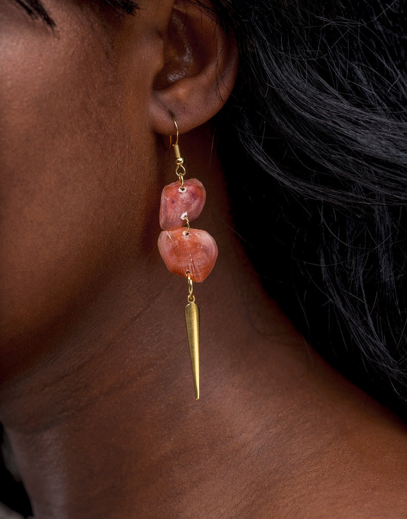 Fish Scale Earrings, Recycled Material, Natural Organic Material, Long Earrings Orange