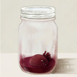 Peut inclure: Un bocal en verre avec un couvercle blanc contient un objet rouge en forme de cœur avec un visage triste et un liquide rouge. Le cœur pleure des larmes rouges.