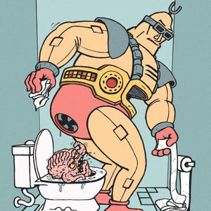 May include: A cartoon illustration depicts a robot-like figure in a bathroom. The figure, in shades of yellow, red, and gray, is positioned near a toilet with a grotesque brain-like creature inside. The image has a humorous and surreal quality.
