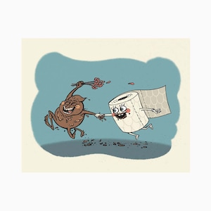 Op de afbeelding: Een cartoonillustratie van een bruin poepkarakter dat een boeket bloemen vasthoudt en rent naar een wit toiletpapierrollenkarakter met een verraste uitdrukking.