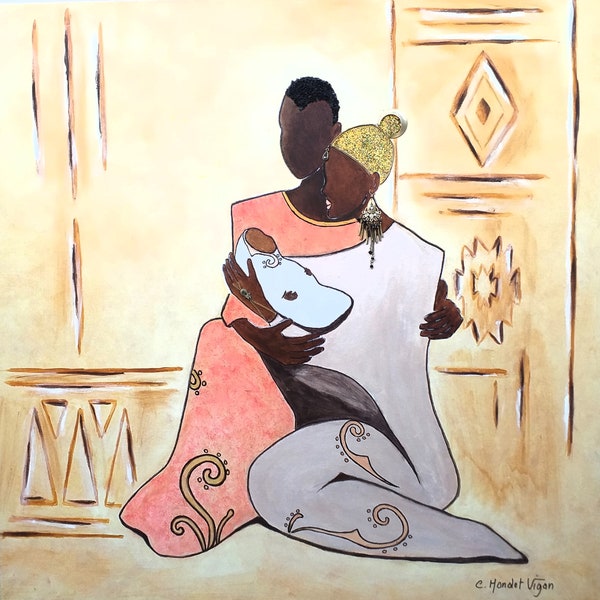 Tableau Afrique- Tableau couple Afrique- Tableau naissance- Tendresse Africaine- Tableau couple et enfant- Grand tableau Afrique-