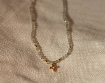 Natural silk thread necklace, natural Labradorite beads, golden flower charm