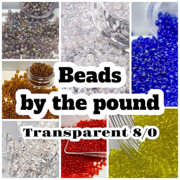 8/0 Glass Seed Beads- Sold by 1 LB/450g  - Transparent Variety of Colors -wholesale- bulk beads- rainbow-blue-brown-red-yellow-clear