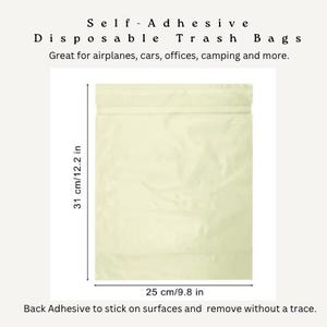 May include: A self-adhesive disposable trash bag, measuring 25 cm x 31 cm (9.8 in x 12.2 in). The bag is a pale yellow color and features a sealable top. Text on the image reads: "Great for airplanes, cars, offices, camping and more."