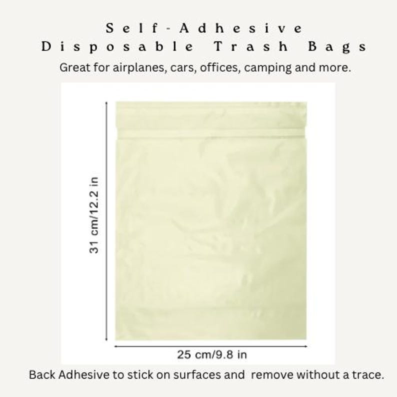 May include: A self-adhesive disposable trash bag, measuring 25 cm x 31 cm (9.8 in x 12.2 in). The bag is a pale yellow color and features a sealable top. Text on the image reads: "Great for airplanes, cars, offices, camping and more."