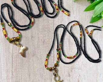 Ankh or Africa Charm African Waist Beads  - tie on waist bead- removable waist bead - Black 365