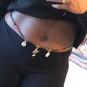 African Waist Beads with Large Queen charm- Cowrie shells - removable waist bead - Black Queen