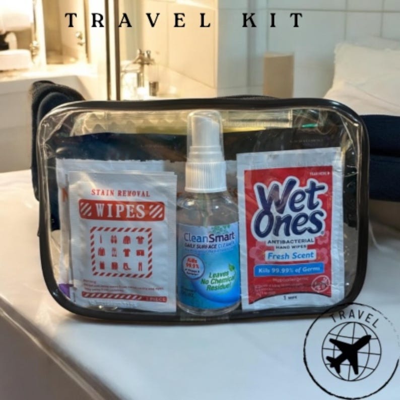 May include: A clear travel kit containing stain removal wipes, a spray bottle of CleanSmart daily surface cleaner, and Wet Ones antibacterial hand wipes. The kit is labeled "TRAVEL KIT" in white capital letters.