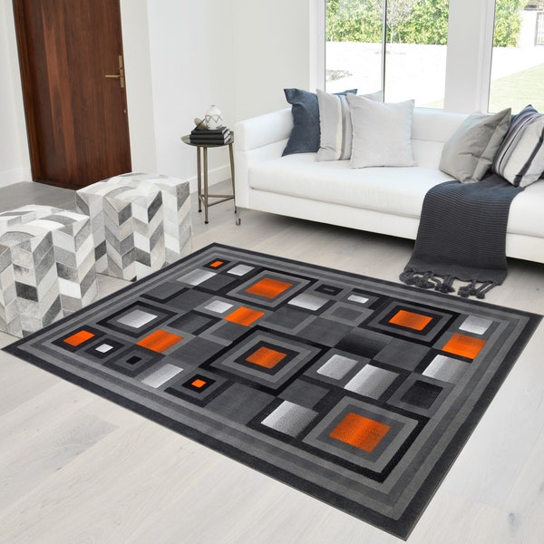 Rugs 8x10 Orange/Black/Gray Abstract Geometric Modern Squares Pattern Area Rug 5x7 runner rugs