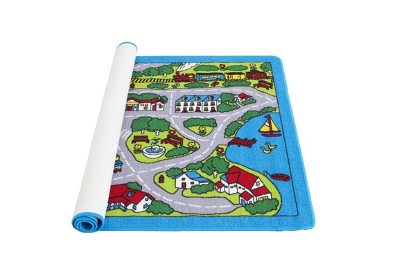 39 X 51 City Street Map Kids Rug with Roads Kids Rug Play mat with School Hospital Station Bank Hotel Book Store Government Workshop Farm for Boy Girl Nursery Bedroom Playroom Classroom 