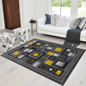 Rugs 8x10 Yellow/Black/Gray Abstract Geometric Modern Squares Pattern Area Rug 5x7
