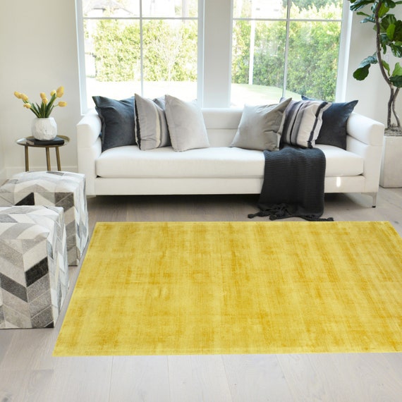 Canary Yellow Color Rugs Tencel Ultra-soft Hand Knotted in India 5' X 8'  Rugs for Dining Room 