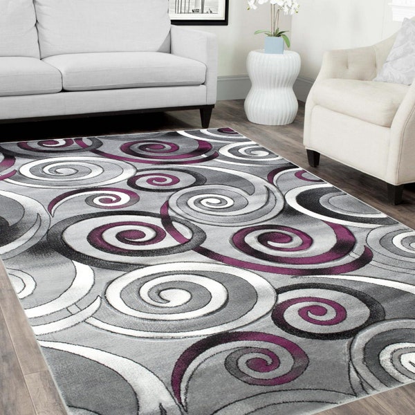 Spiral/Swirls Modern Contemporary Hand Carved Area Rug-Silver/Purple/Gray/Black