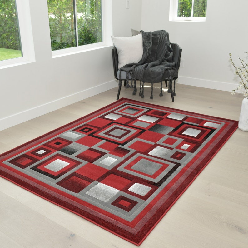 Rugs 8x10 Red Gray and Black Abstract Geometric Modern Squares Etsy