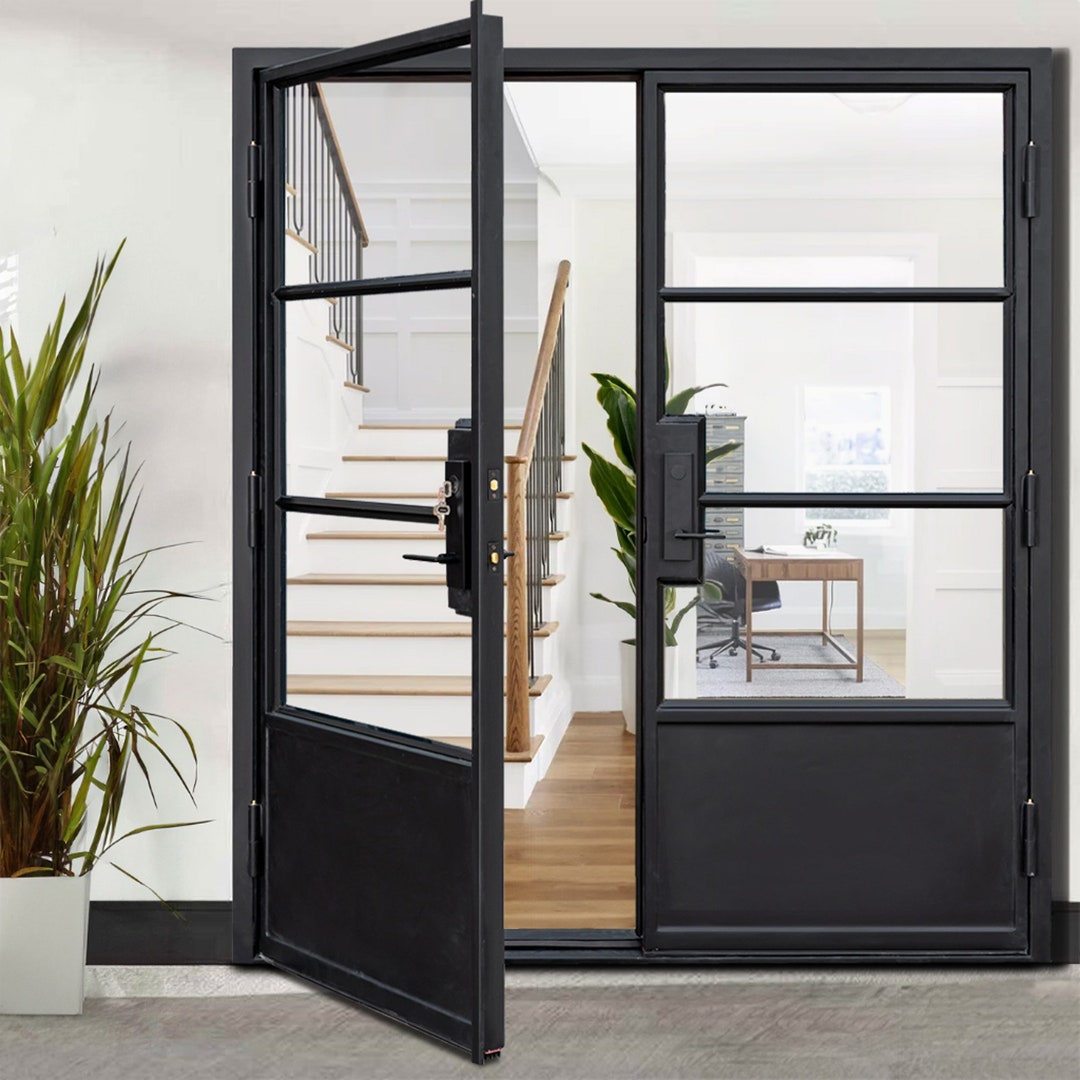 HR 72x81 Matte Black French Iron Double Door Made of Steel 3lite With