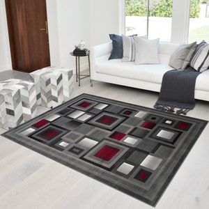 Rugs 8x10 Red Lava/Black/Gray Abstract Geometric Modern Squares Pattern Area Rug 5x7