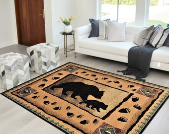 Lodge, Cabin Nature and Animals Area Rug – Geometric Design Cabin Area Rug – Abstract, Brown/Green/Red–Mother Bear/Cub/Footprint