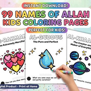 Hojas para colorear con los 99 nombres de Alá / Material imprimible islámico para niños / Colorea y reflexiona / Asma Ul Husna / Actividad de aprendizaje para niños musulmanes