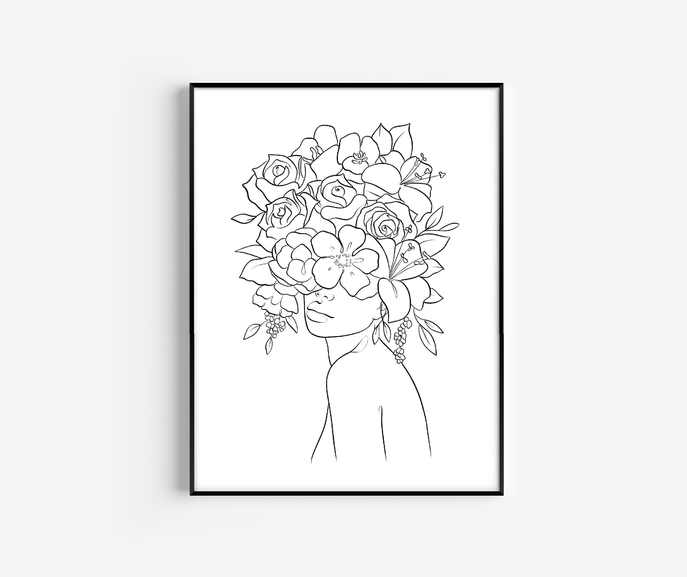 Head Of Flowers Line art woman print Female Face Line drawing Etsy