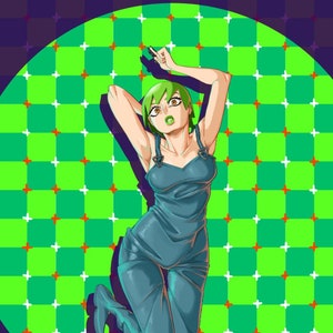 Puede incluir: Una mujer con el pelo verde y un mono azul posa sobre un fondo a cuadros verde y blanco. Tiene los ojos verdes y lleva lápiz labial. El fondo es un círculo con un borde morado.